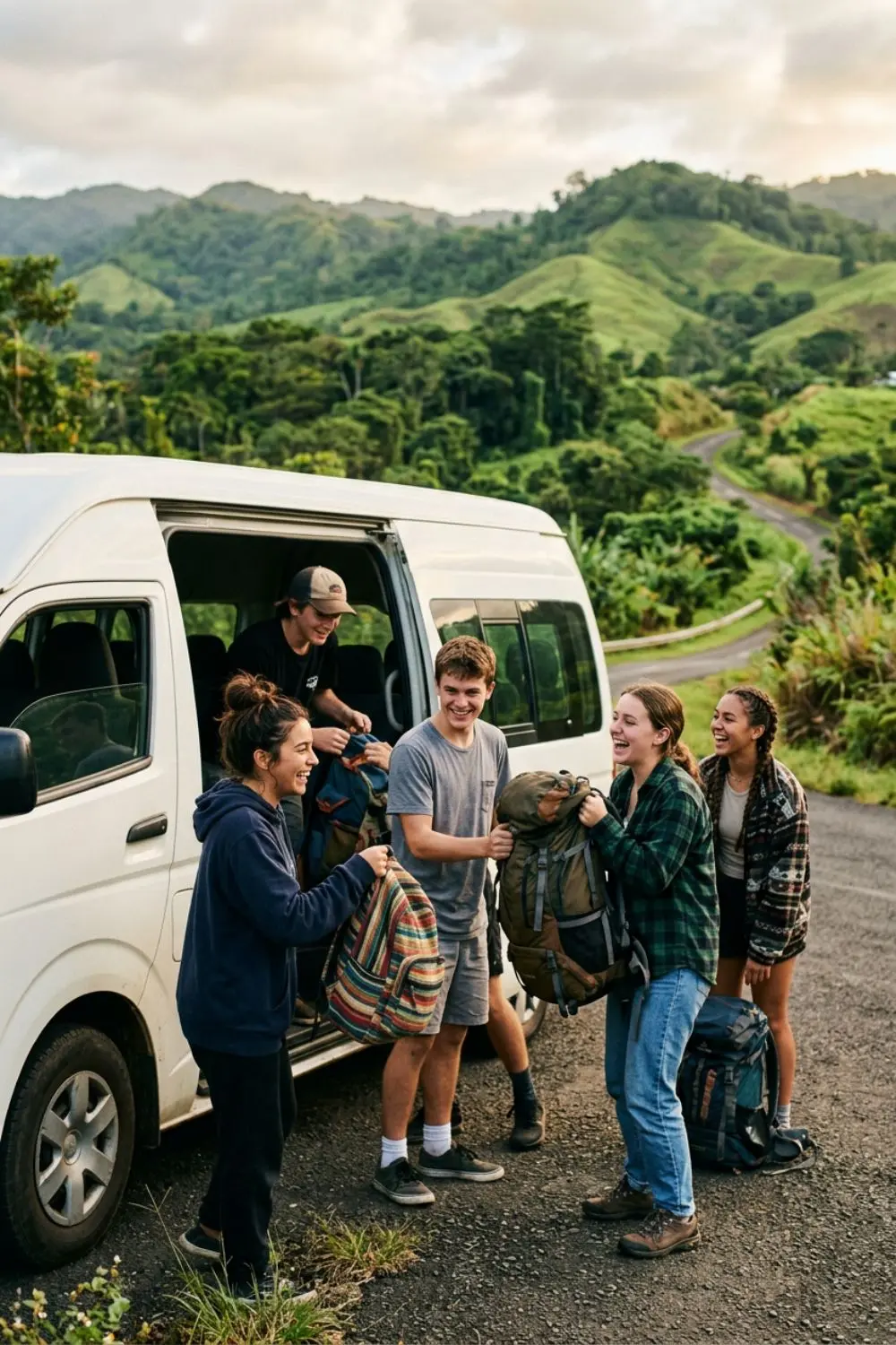 Students disembark a minibus on a school expedition to Lombok