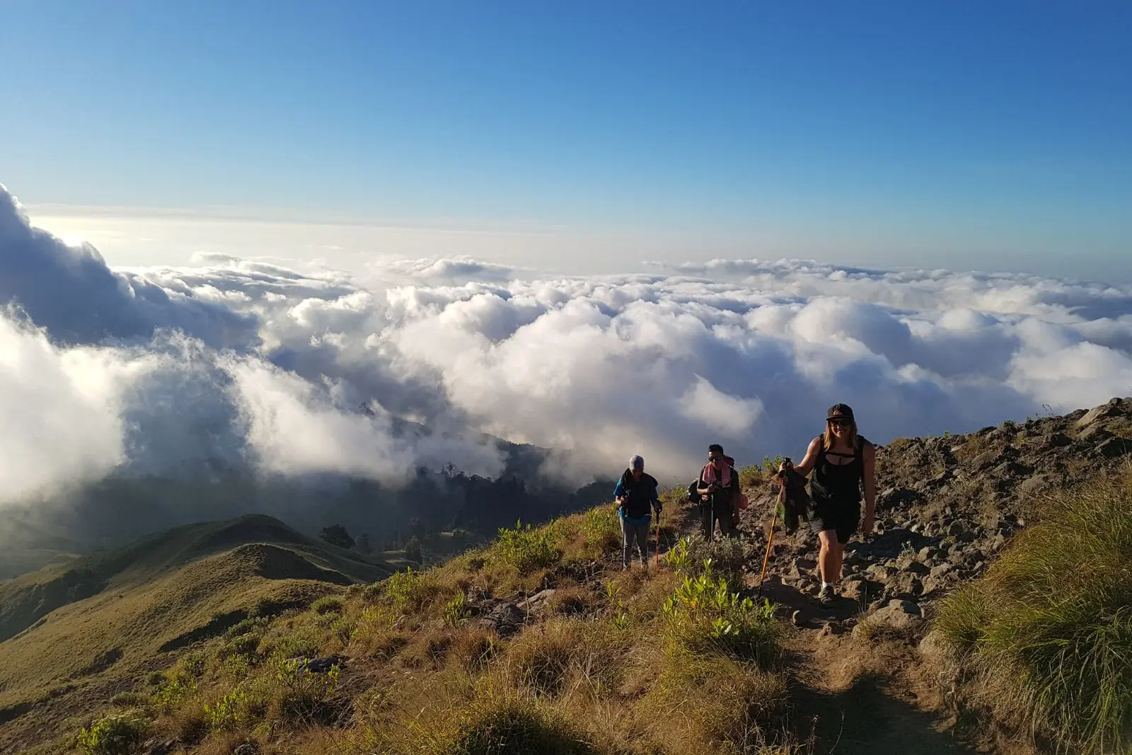 School group hiking up to Senaru Crater Rim campsite