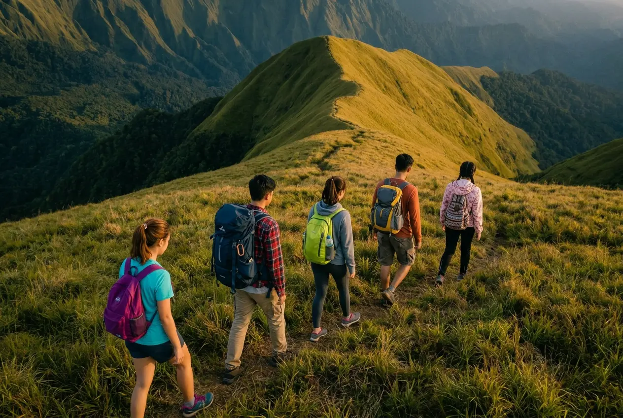 Students hiking down from Anak Dara Hill Sembalun